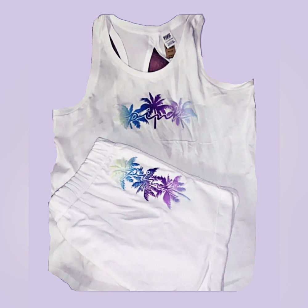 NEW LOT 3 VICTORIAS SECRET PINK BLING PALM TREE HOODIE, SHORTS & TEE SHIRT LARGE - Picture 15 of 16